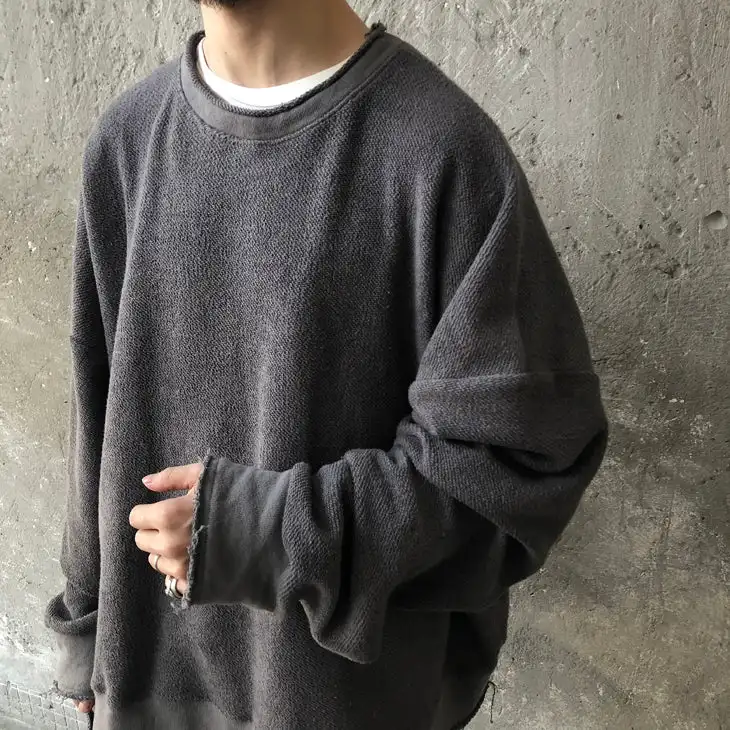 Custom Men Oversize Cross Stitching Raw Edge Round Neck Pullover Sweatshirt Blank Korea High Streetwear Distressed Sweatshirts