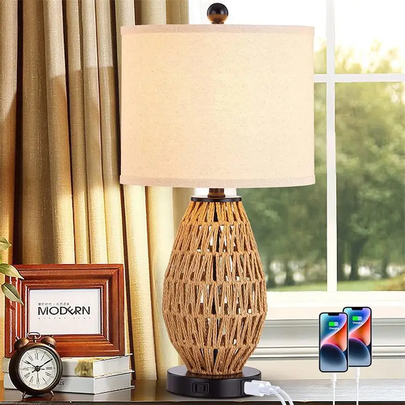 Rattan Table Lamps with 2 USB Ports Bedside Lamps 26 inch Tall Farmhouse Cream Fabric Shade Desk Lamp