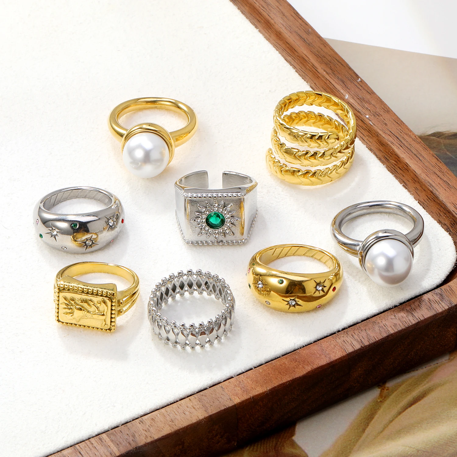 Wholesale bulk Custom Fashion Jewelry Geometric Stainless Steel Pearl Ring 18K Gold Plated engrave Dome Chunky zircon rings