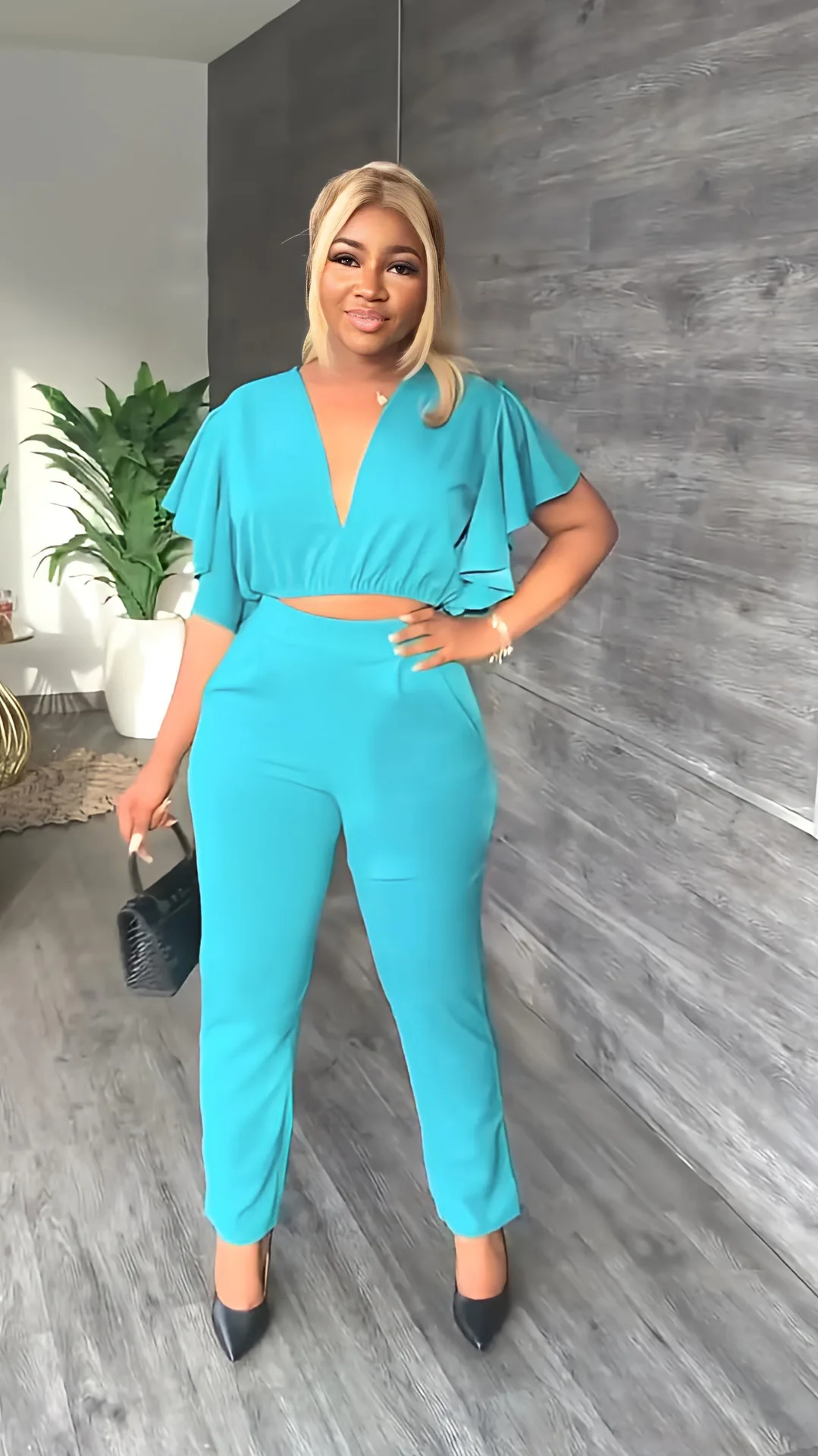 X07016S Новый женский топ с глубоким V-образным вырезом узкие прямые брюки повседневный комплект из двух