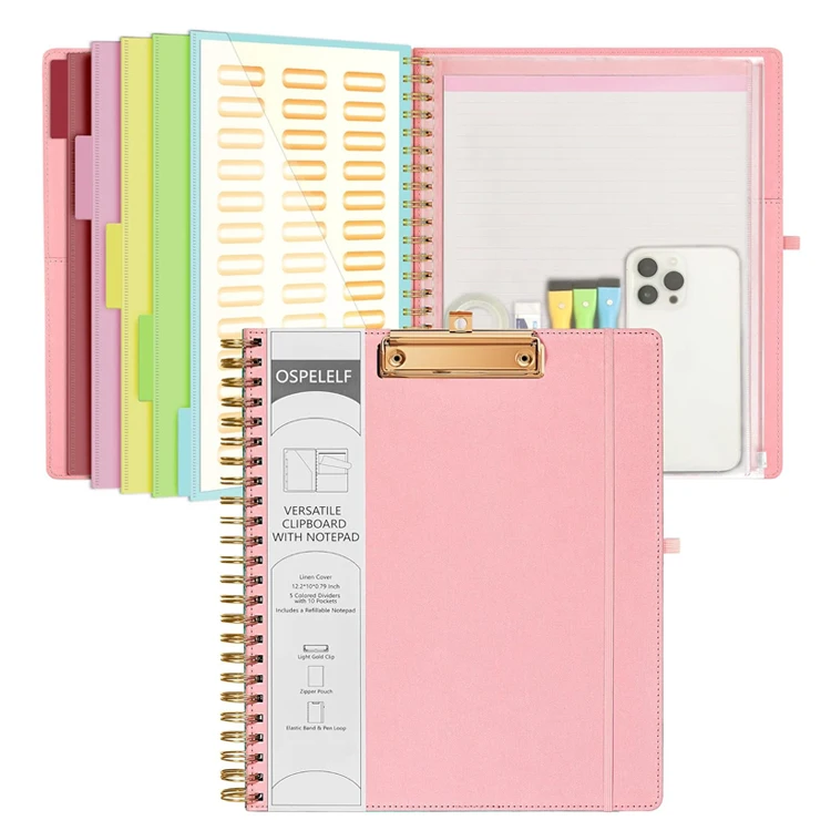 Pink Foldable Spiral File Folder Clipboard Folio with Storage Zipper Pouch  with Notepad