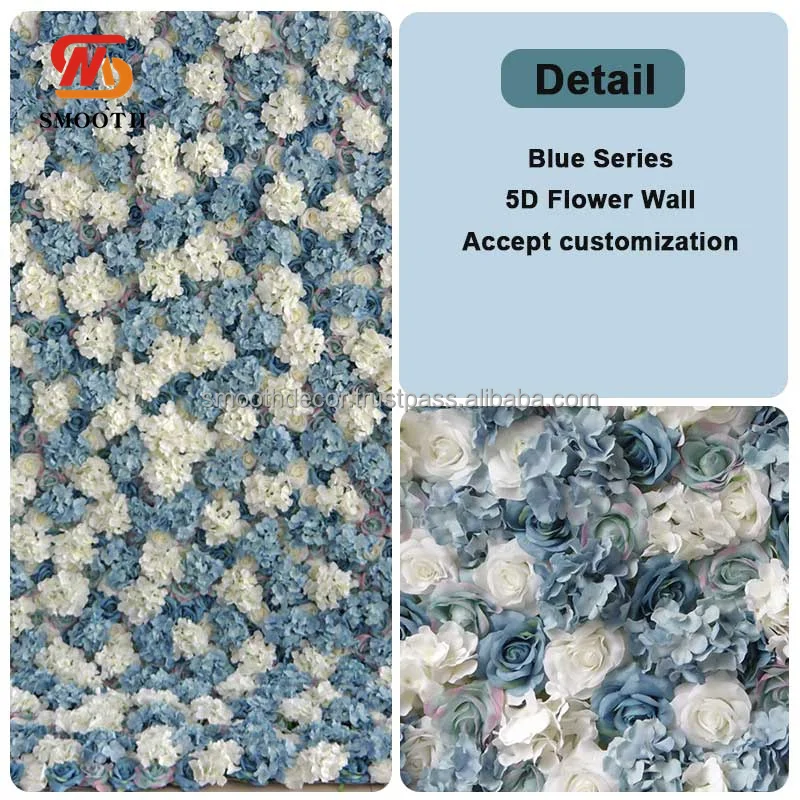 SMOOTH 3D Silk Artificial Big Hydrangea Decorative Dusty Blue Flower Wall Backdrop 8ft x 8ft for Wedding