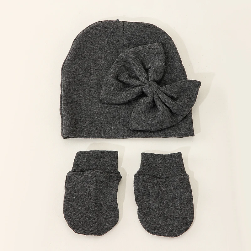 Wholesale Bow Boys Girls Cotton Newborn Babies Knit Soft Knitted Mittens New Baby Hat With Mittens Set