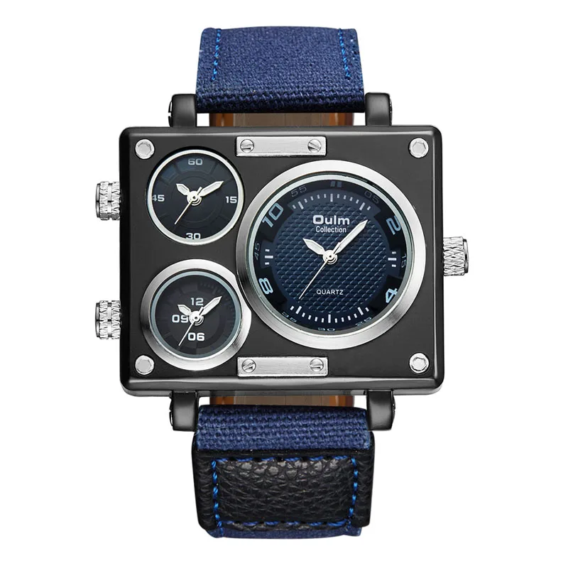 OULM 3595 fashion brown mens quartz watch excel Canvas strap 3 time zone analog display vintage sports popular wrist