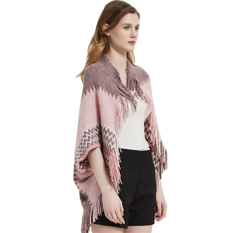 Wholesale  Winter Ethnic Wind Scarf High Quality Wool Cashmere Poncho Shawls Knitted Cover-up With Tassels Thick Cape Blanket