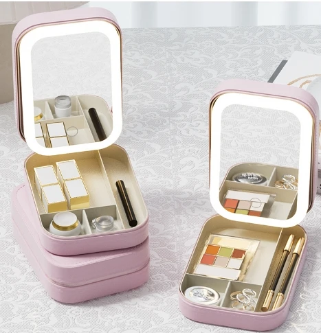 Новинка модная косметика на заказ дорожный держатель для ювелирных изделий сумка макияжа органайзер путешествий коробка светодиодное зеркало
