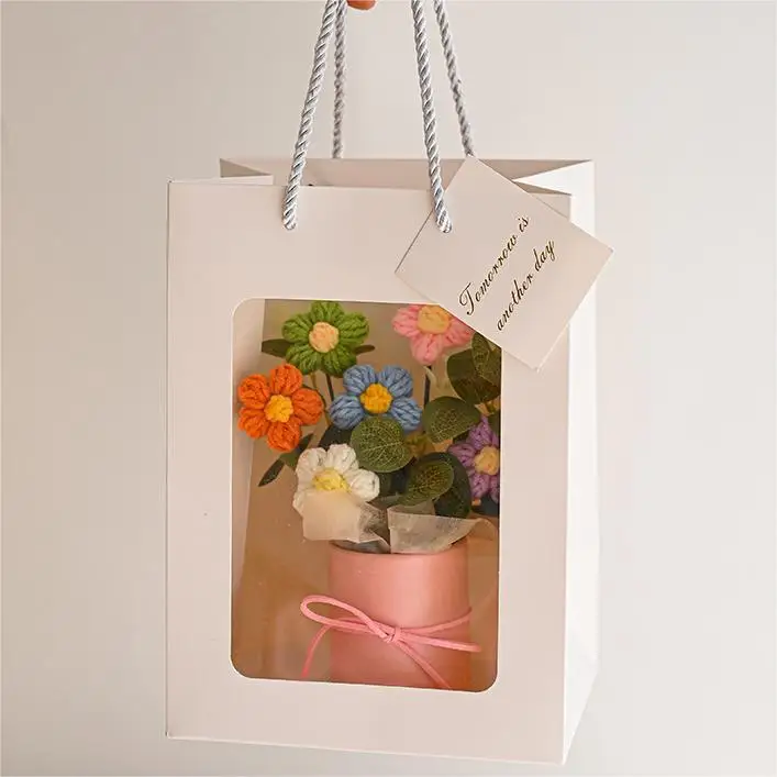 Valentines Day Gift Handmade DIY Knitted Woolen Flower Bouquet Crochet Mini Flower Bouquet Gift For Mom Women Girls