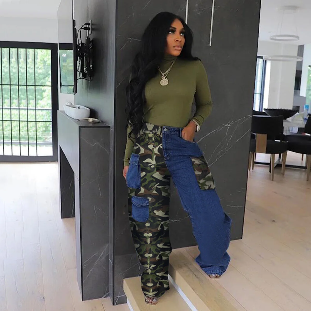 2024C301 Spring Denim Pants Washed Camo Patchwork Cargo Jeans With Pockets For Women Casual Jean Good Quality Jeans