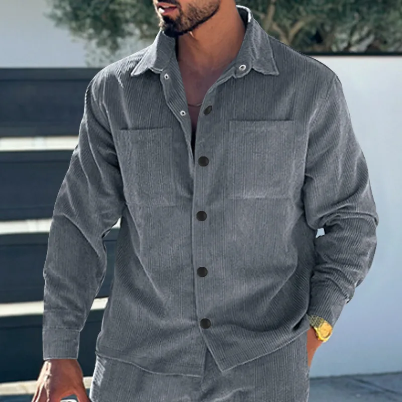 Men Long Sleeve Turn Down Collar Coat Outwear Pocket Comfortable Breathable Daily Outdoor Trendy Button Corduroy Polo Shirts