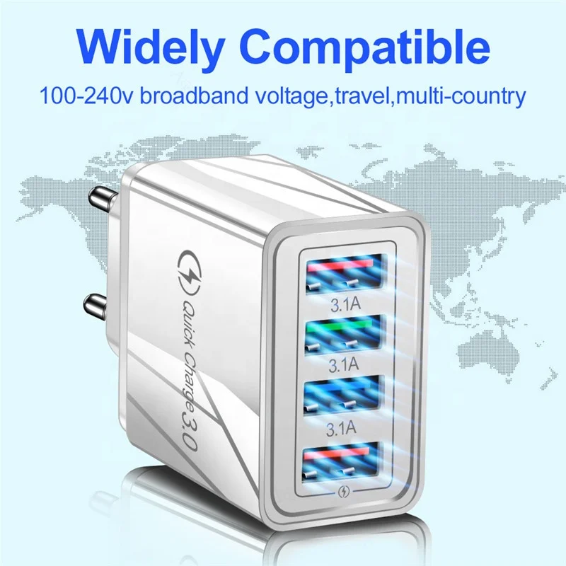 Factory wholesale QC3.0 Fast Charging USB travelling Charger 4 Ports EU UK US Plug wall USB Charger