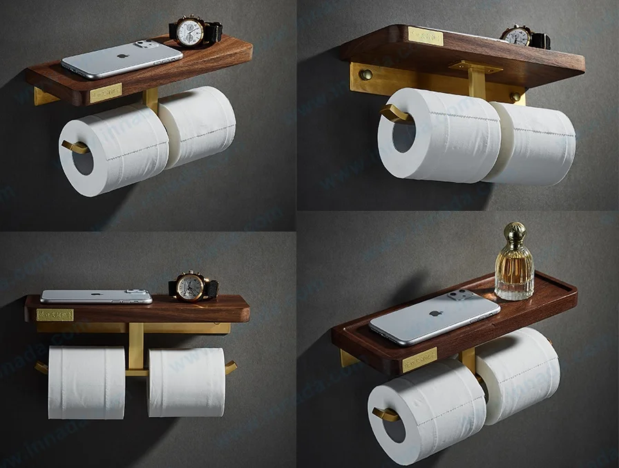 MC005-B1 Wall Mounted Imported Walnut Brushed Gold finishing Wooden toilet Tissue Paper Holder with shelf