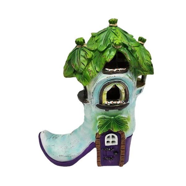 Wholesale garden house in the dark shoes shape fairy house cowboy boot house figurine resin garden statue