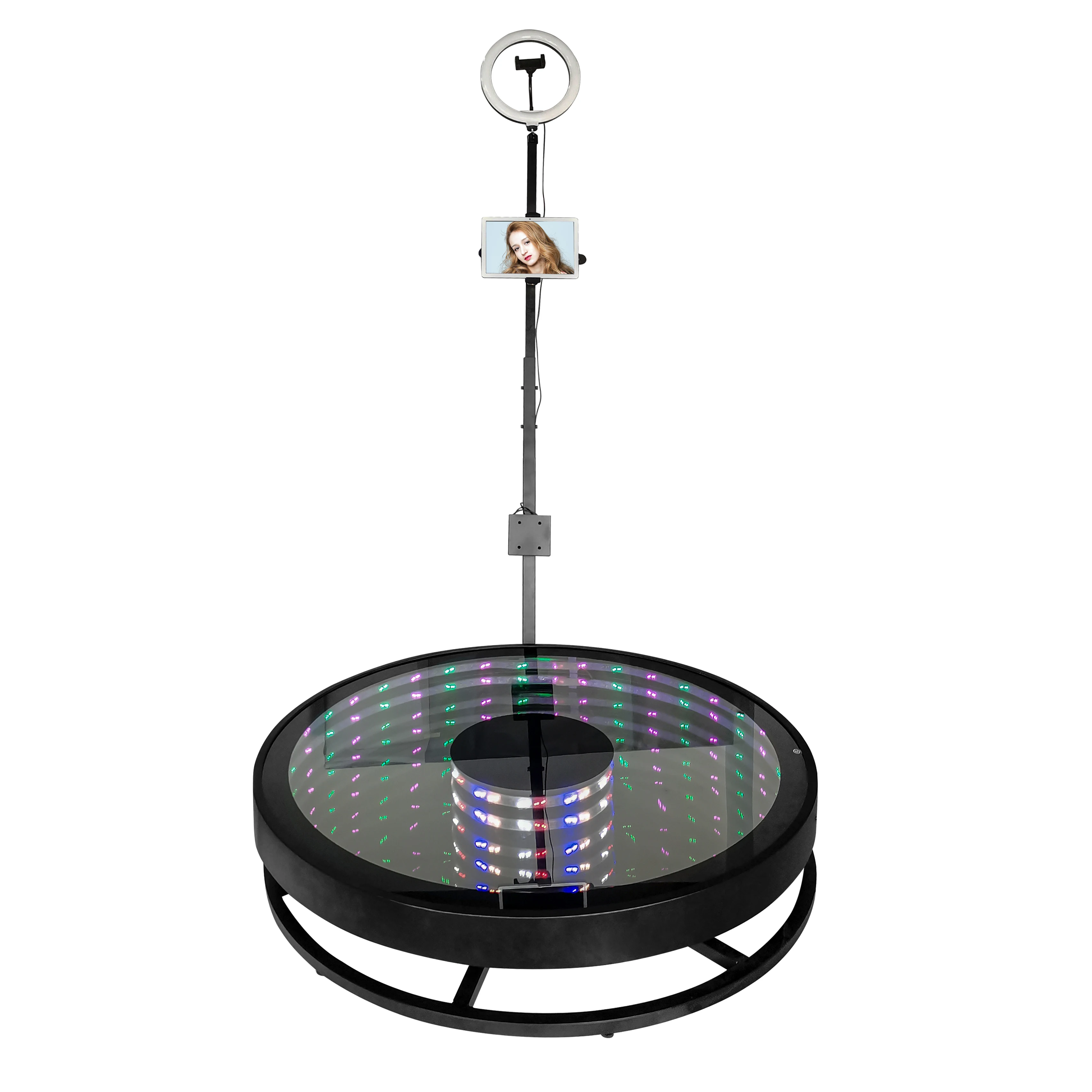 2022 hot sale new designed tempered glass 115cm diameter metal base photo booth automatic rotated 360 degree video booth