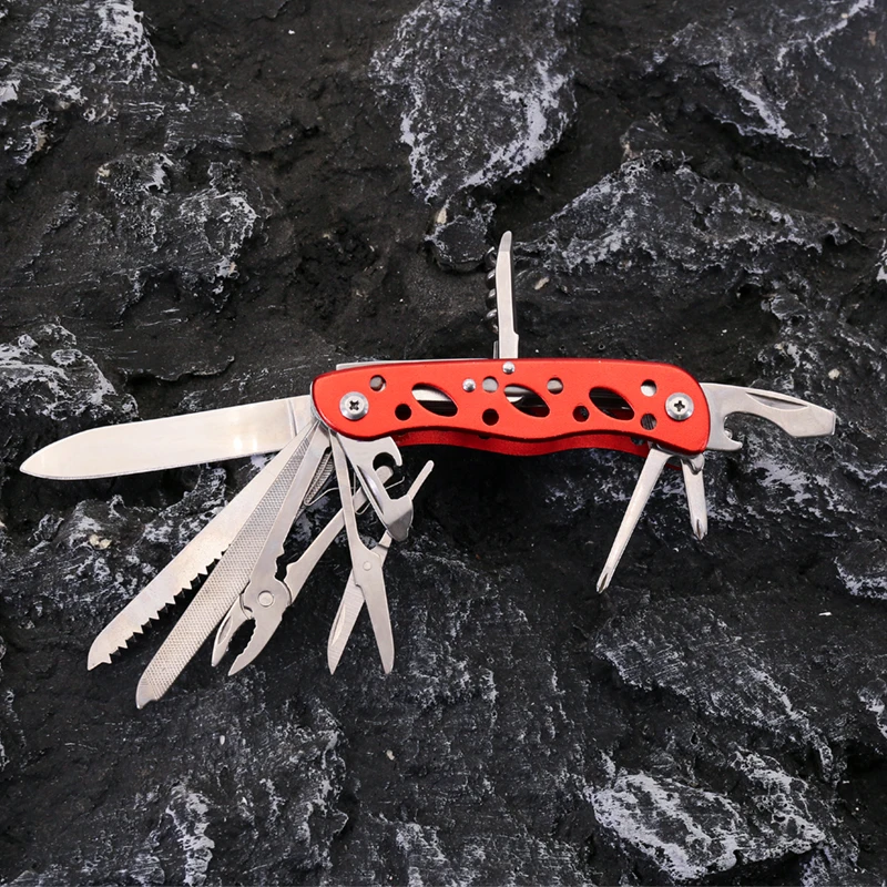 Outdoor mutltitool knife 11 in 1 multi functional tool pocket knife with saw scissors corkscrew screwdrivers