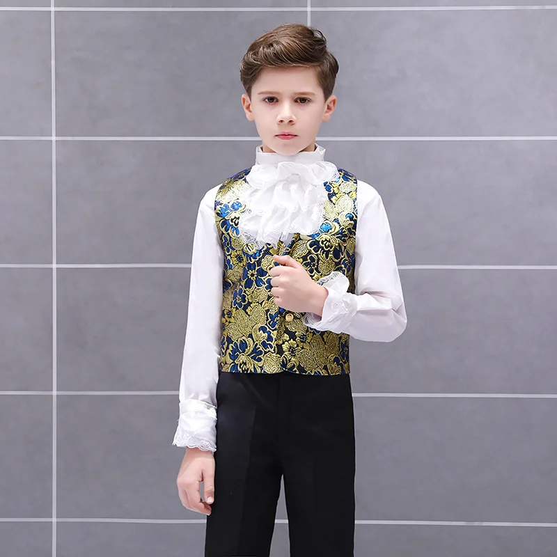 New Vintage Renaissance Antique Floral Patterns Three Pieces Children Boys Suits Performance Prince Charming Cosplay Kids Suit