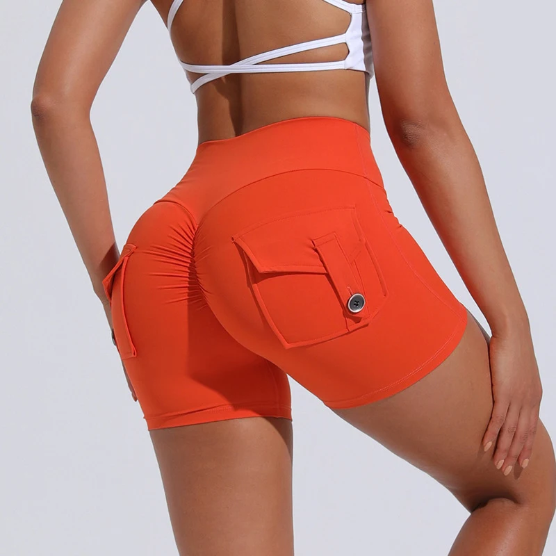 High Quality Nude Feeling Casual Biker Shorts Back Peach Hip Pocket Scrunch Butt Sexy Slim Quick Drying Yoga Shorts for Women