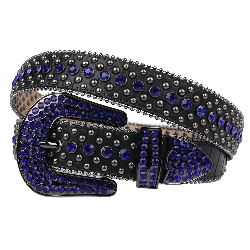 TENGMEI Retro Black Bling Bling Rhinestone Belt With Blue Diamonds And Round Rivets