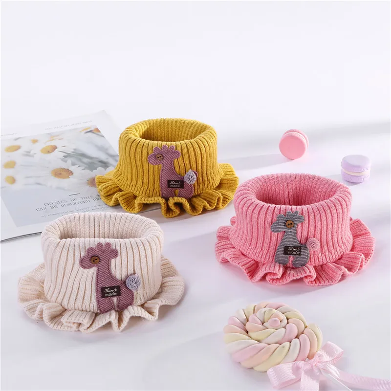Baby Knitted Scarf Cartoon Giraffe Ruffle Neck Girls Kids Warm Scarves Collar Circle Outdoor Winter Scarfs