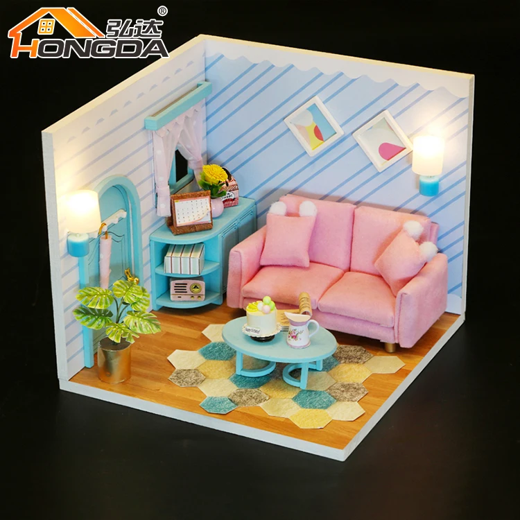 Hongda Custom S2004 Sunny Living Room Wooden Dollhouse MIni Diy Doll House Miniature Dollhouse Kit For Sale