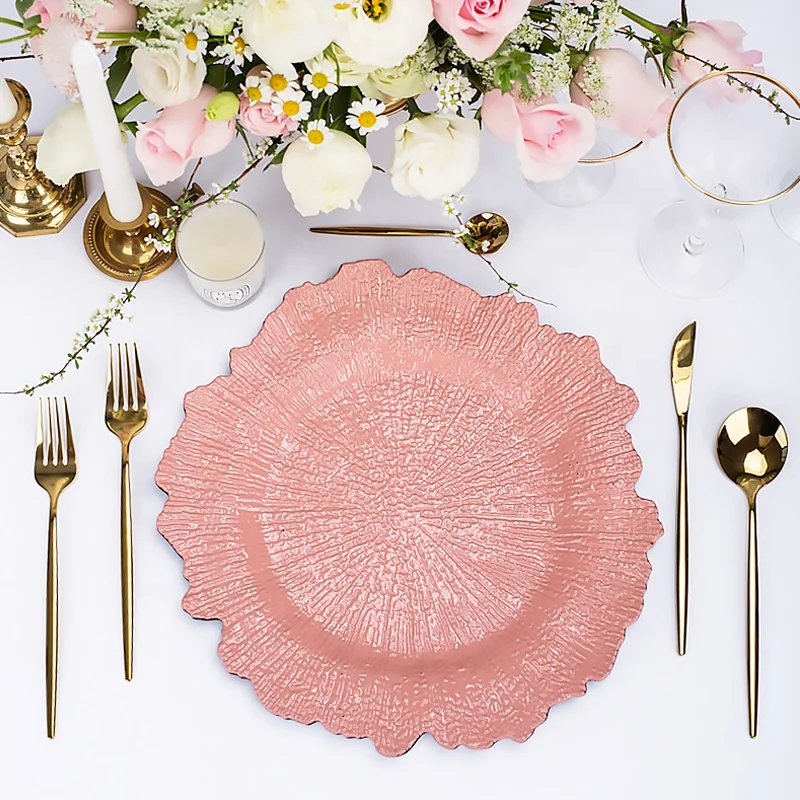wavy plastic purple pink rose gold beaded white black charger plates new wedding and restaurant decoration charger plate wedding