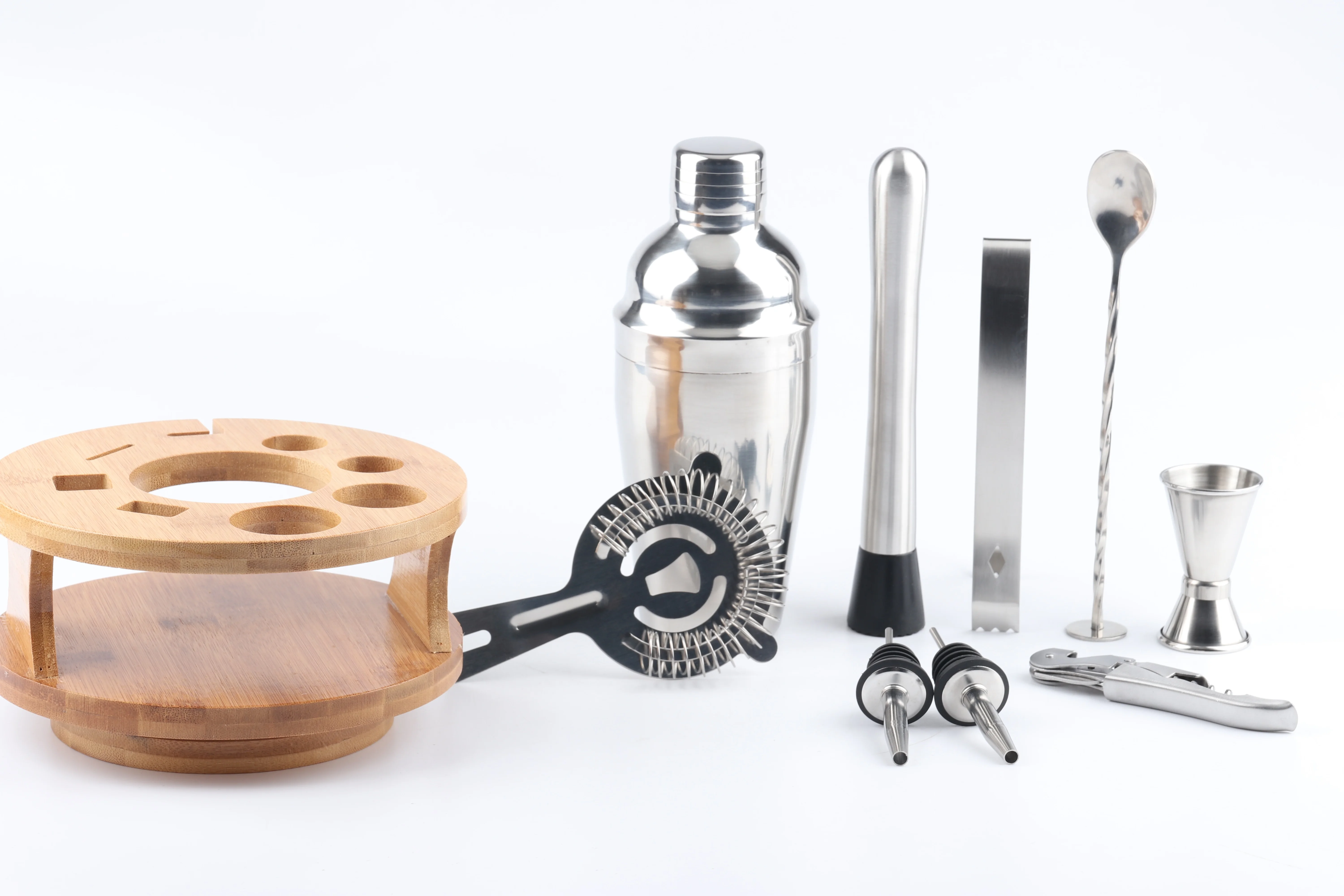 New Product Stainless Steel Cocktail Shaker Set Cocktail Bar Set with  Rotating Wood Stand