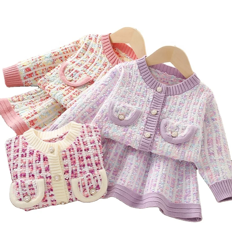 Sweet Toddler Kids Girls Clothing Sets 2023 Winter Long Sleeves Color Contrast Knitting Cardigan Sweater and Skirt Clothes