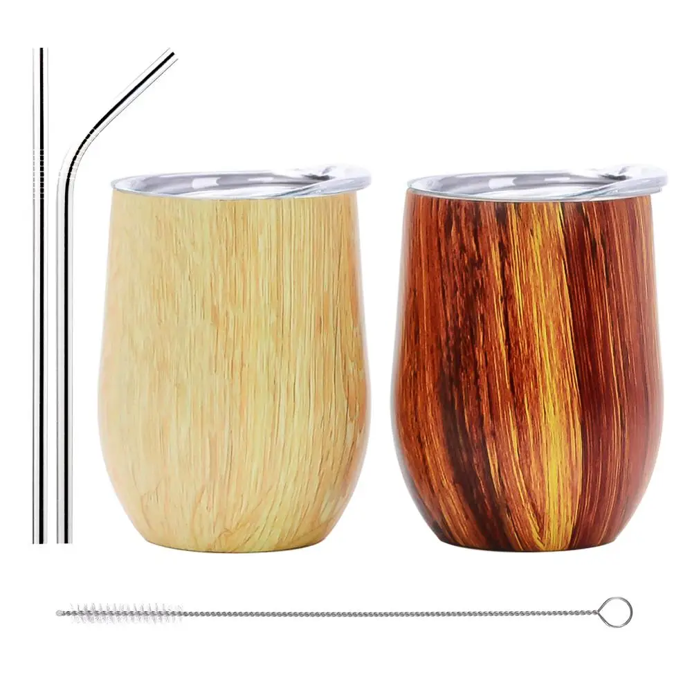 2022 Sweat Free Double Wall Vacuum Insulated Wine Tumbler 12 oz Wooden Grain Egg Cup For Coffee/Wine/Ice Cream