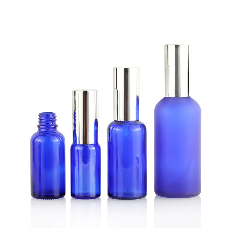 Full Set 10Ml 20Ml 30Ml 50Ml Blue Cylinder Glass Oil Bottle Gold Aluminum Pump Spray Bottles