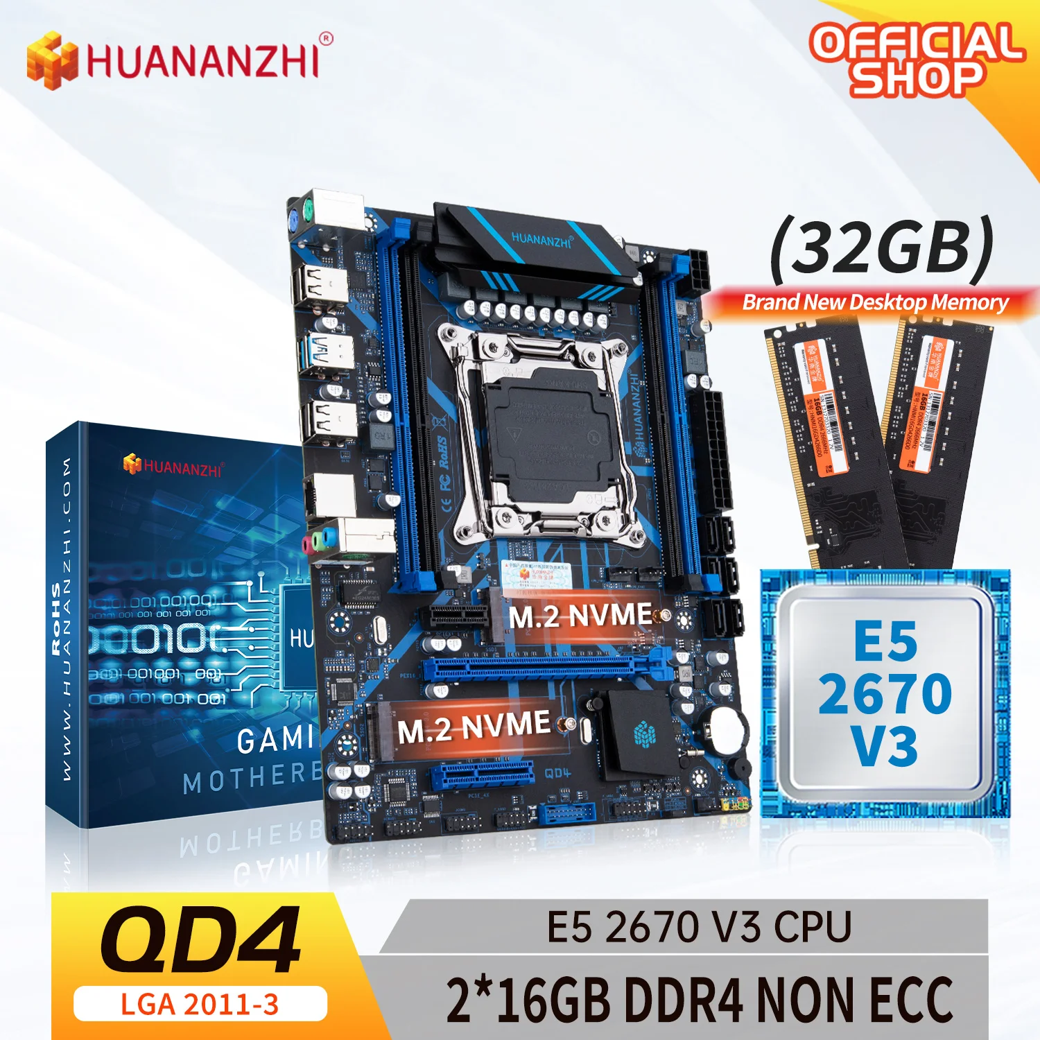 HUANANZHI X99 QD4 LGA 2011-3 XEON X99 Motherboard with Intel E5 2670 v3 with 2*16G DDR4 NON-ECC Memory combo kit set