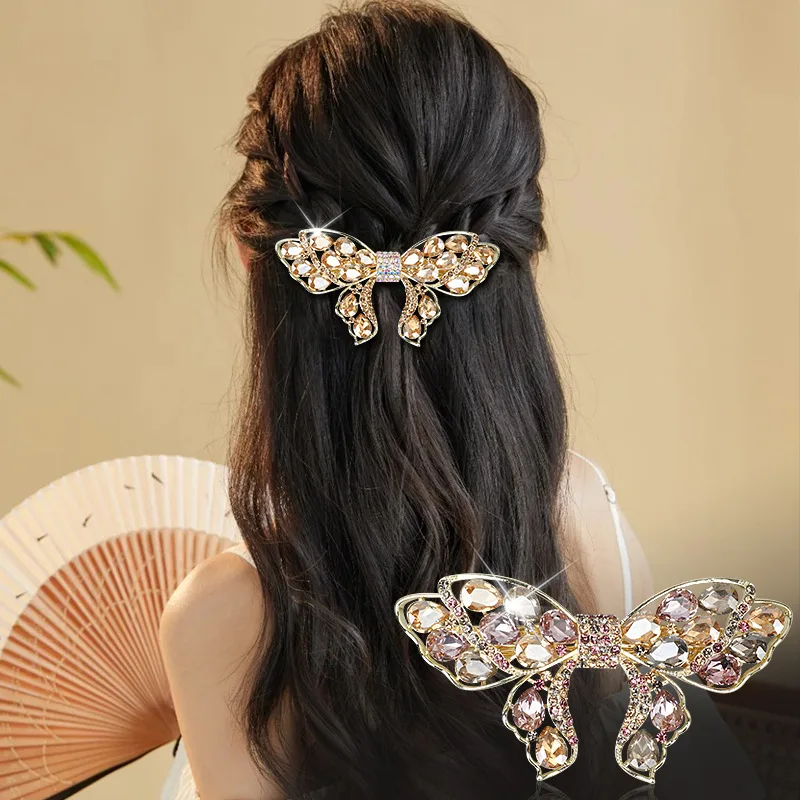 Elegant Half Tie Hairpin Spring Clip Hair Accessories Korean Exquisite Rhinestone Bowknot Hairpins Barrette for Lady Women