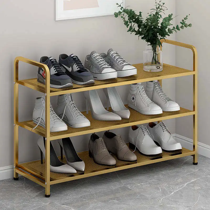 Wholesales Factory Retro Household Metal Shoe Rack Iron Shelf 3-Layer Golden Shoe Shelves Storage Rack Shoe Organizer