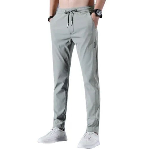 Men Fast Dry Stretch Pants Ice Silk Trousers Solid Color Mid-Waist Loose Breathable Straight-Leg Casual Pants Thin Sports Pants
