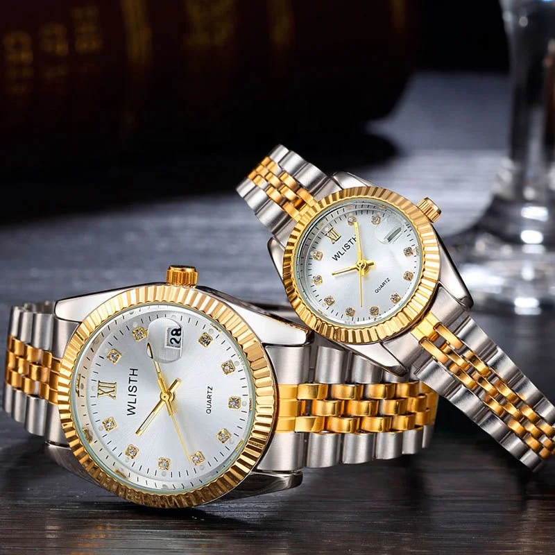 
Luxury Gold Watch Lover Stainless Steel Quartz Waterproof Watch For Couples 