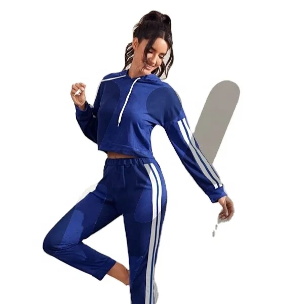 New Design Blue Striped Drawstring Sports Hoodie & Sweatpants Long Sleeve Drop Shoulder Round Neck Multicolor Women Tracksuit