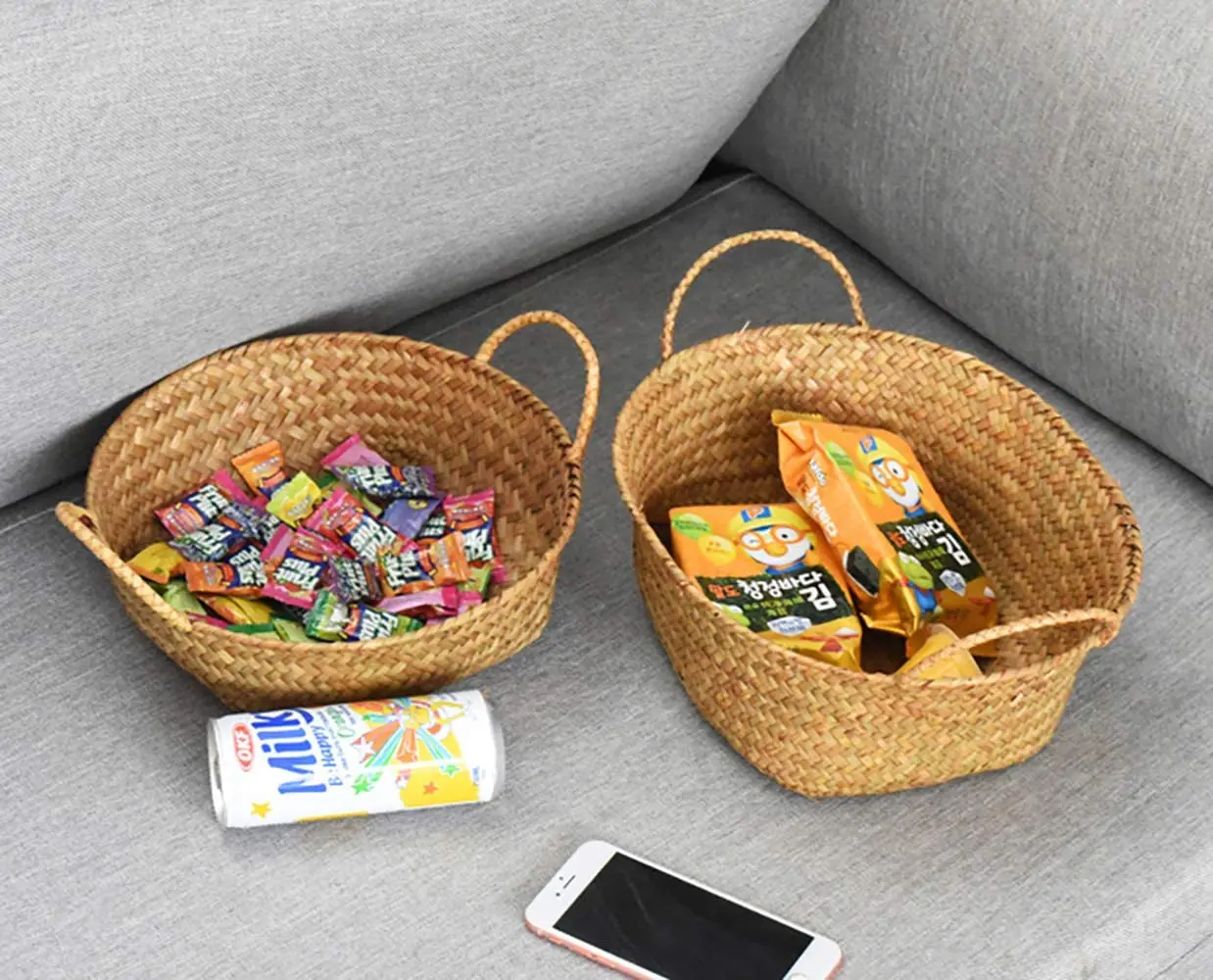 China Wholesale Natural Seagrass Woven Weaving Straw Wicker Storage Basket with Handles