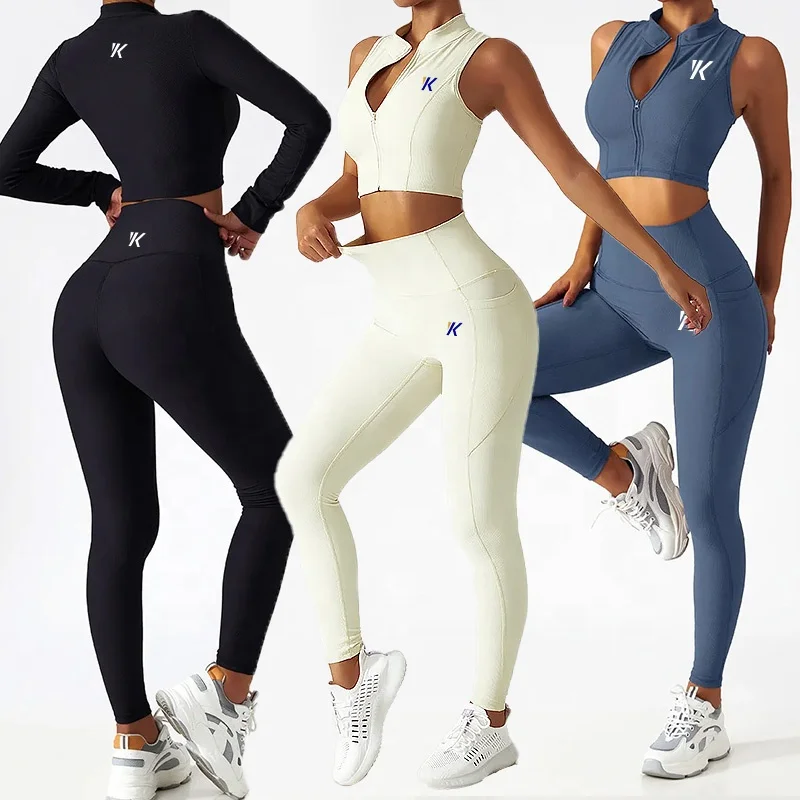 zipper crop top compression leggings two piece 2024 gym fitness outfit workout sports wear female clothing active pants yoga set