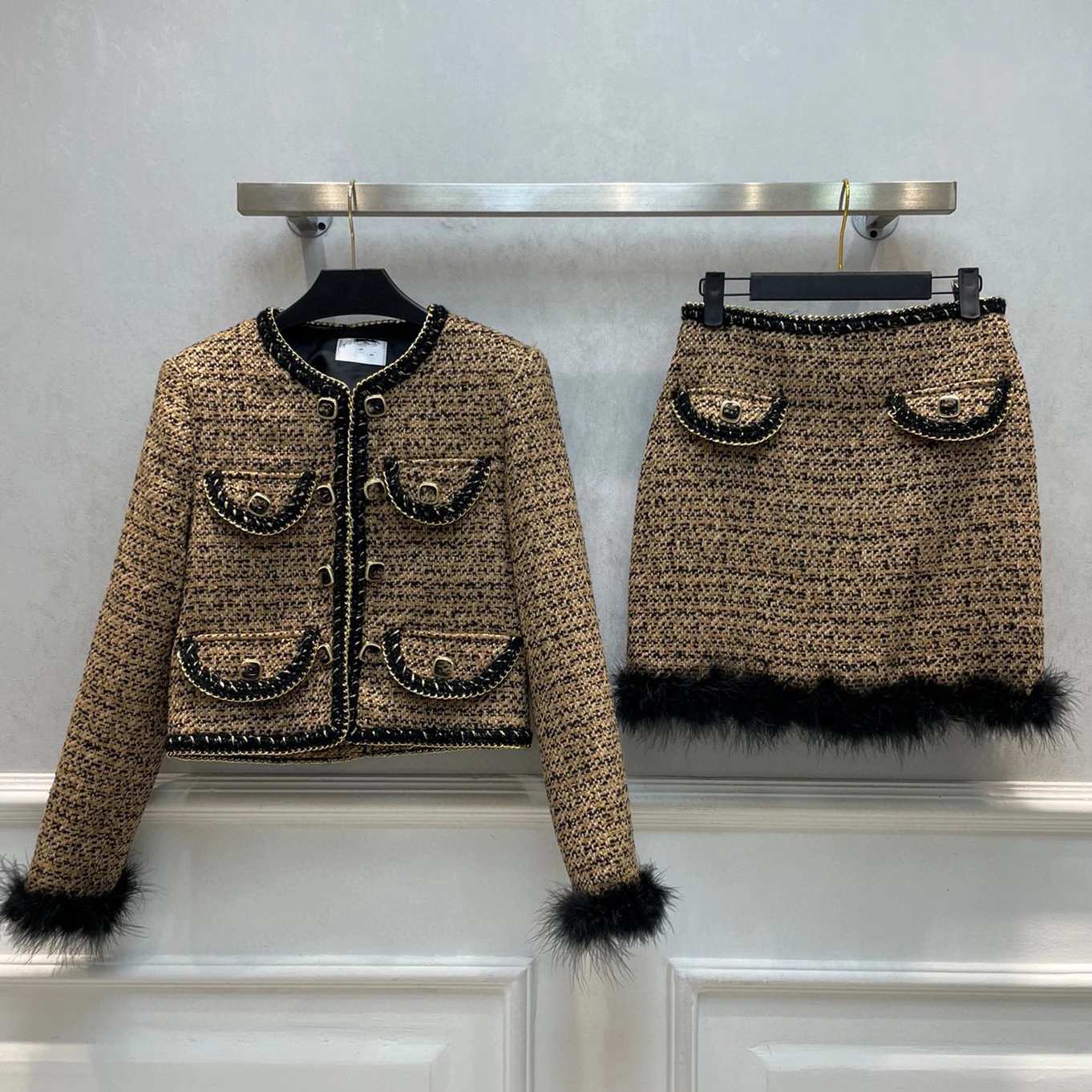 Candice korean style long sleeve tweed coat skirt two piece winter sets for women