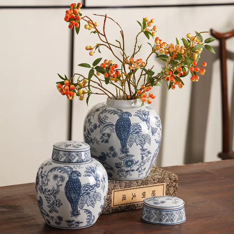 European blue and white round parrot ceramic canister set porcelain china mini flower vase