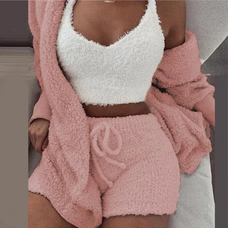 Winter Plush Home Casual Three Piece Pyjamas for Women Set Long Sleeve Crop Vest and Shorts Sets