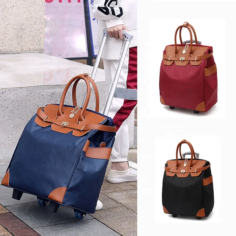 Large Capacity Oxford with Leather Rolling Tote Bag Women Luggage Suitcase On Wheel Travel Trolley Bag