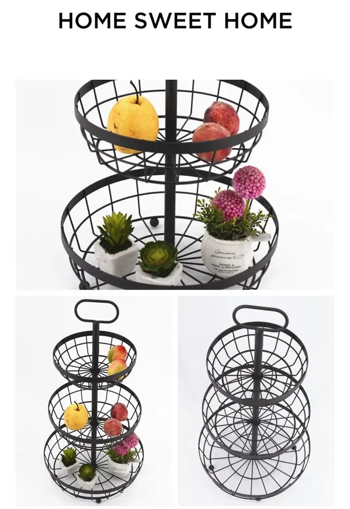 2023 New Fashion 3 Layer Standing Metal Wire Fruit Basket Storage with Holder for Home