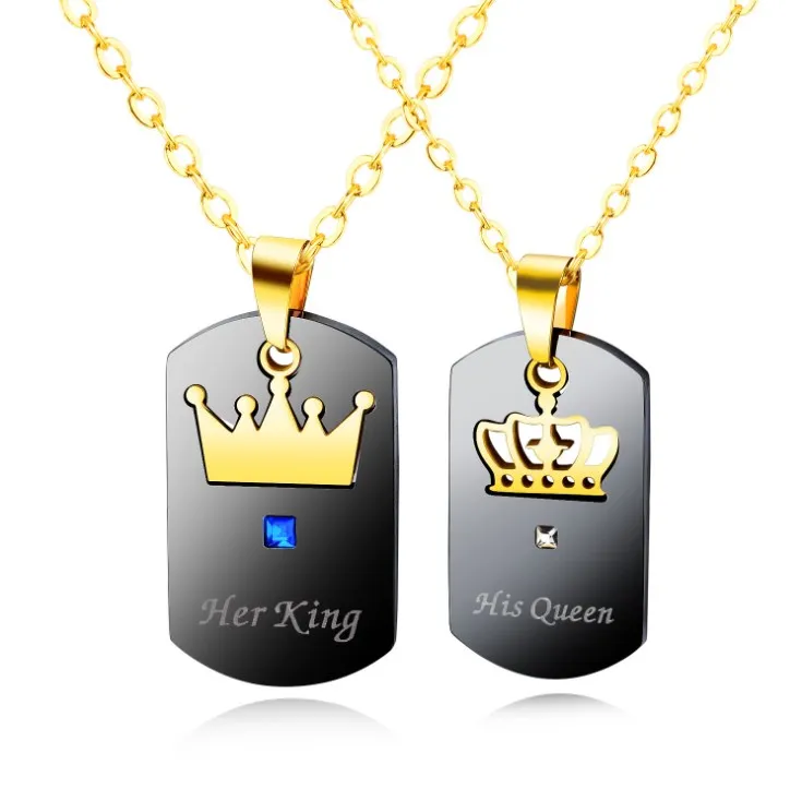 Black Gold Stainless Steel Unisex King & Queen Necklace His Queen and Her King Pendant for Children