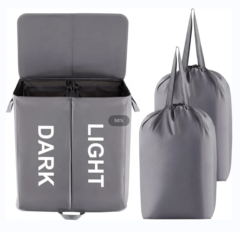 136L Double Laundry Hamper with Lid and Removable Laundry Bags, Large Divided Hamper, Collapsible 2 Section Laundry Basket