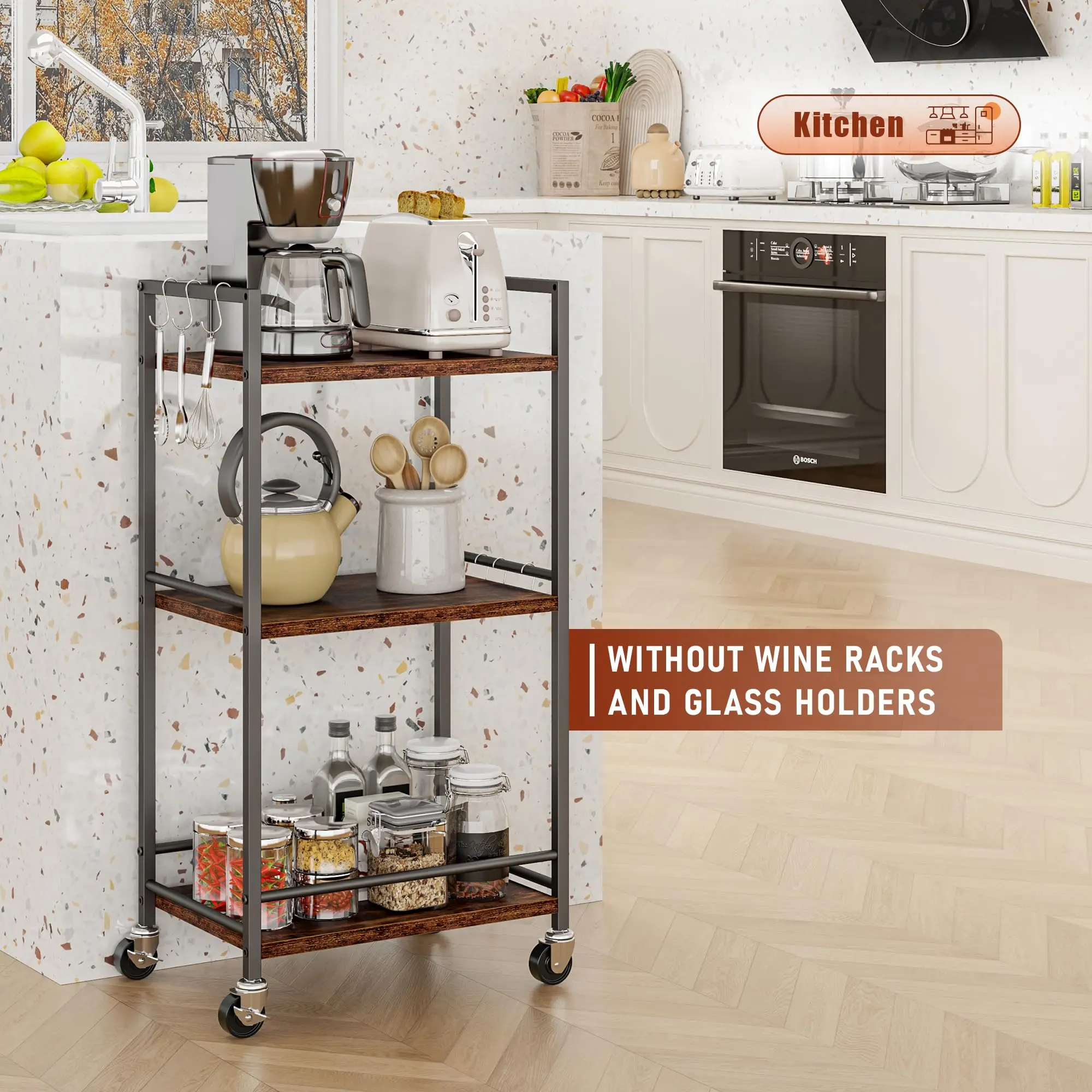 3 Tier Utility Service Cart Fruit Storage Baskets Rack for Industrial Island Food Trolley with Handle Rolling Storage Carts