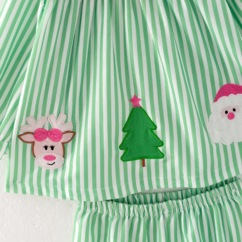 In Stock Ready to Ship Infant Baby Girl Winter Christmas Santa Claus Embroidered Green Stripe Set Outfit