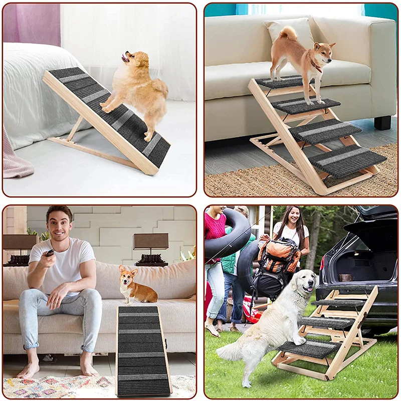 Indoor Pet Ramp Couch Wooden Folding Pet Stairs Dog Ramp Non Slip Adjustable Portable Pet Small Dog Ramps Climbing Ladder