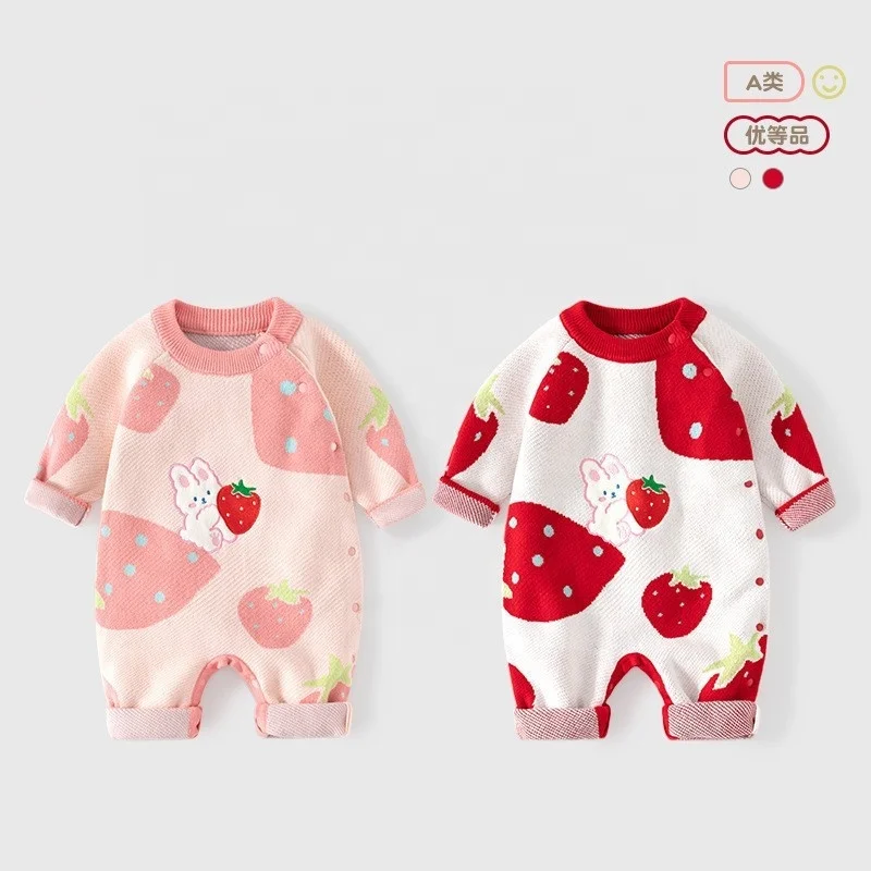 2024 Winter New Product Newborn Long sleeved One Shoulder Sweater Cartoon Boys and Girls 100% Pure Cotton Baby jumpsuit