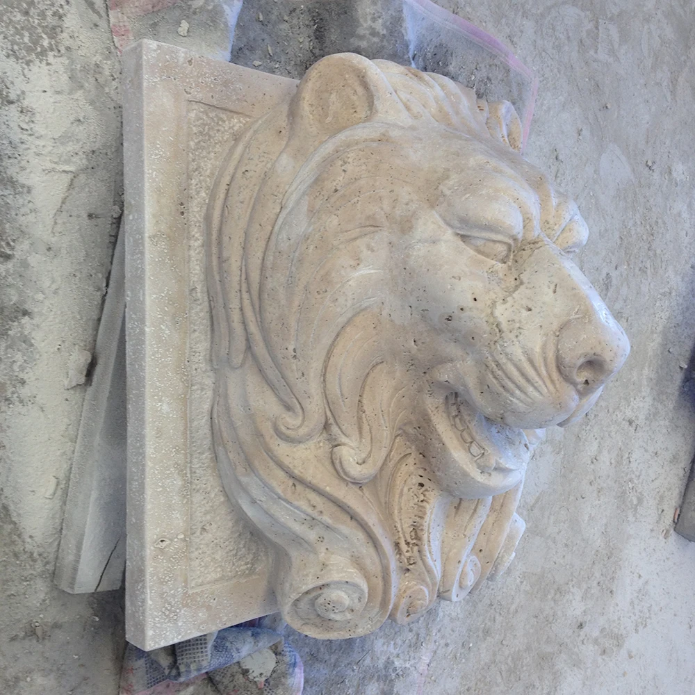 Beige travertine natural stone lion head omitting water wall fountain