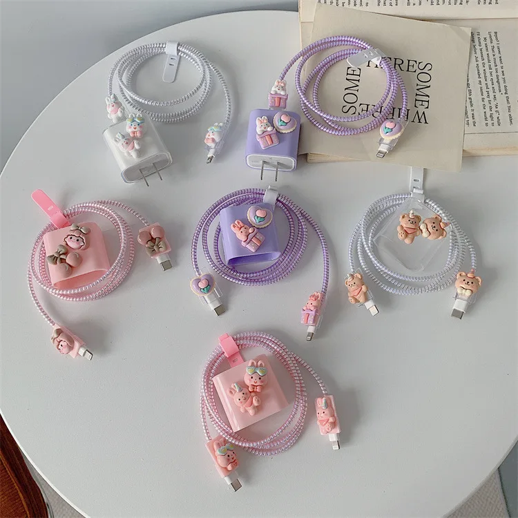 Wholesale Plastic Data Cable Protective Cover Set For Apple Charger 18W/20W Protector Case For iPhone Phone Charger Cartoon Cute