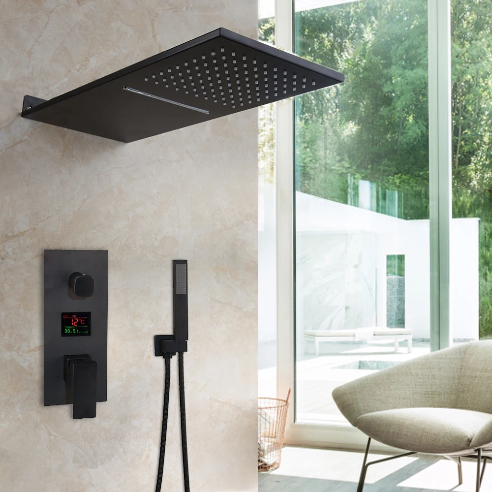 JIENI Matte Black Shower Faucet Digital display control valve Shower Rainfall Head Waterfall Mixer Set